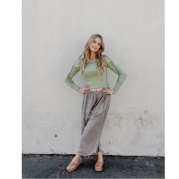 Free People We The Free Daisy Chain Cuff Blouse Top Ribbed Green S NWD - Picture 4 of 10